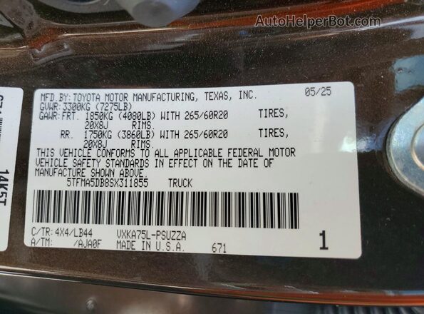 5TFMA5DB8SX311855 2025 TOYOTA TUNDRA Brown Вид наклейки з VIN-кодом