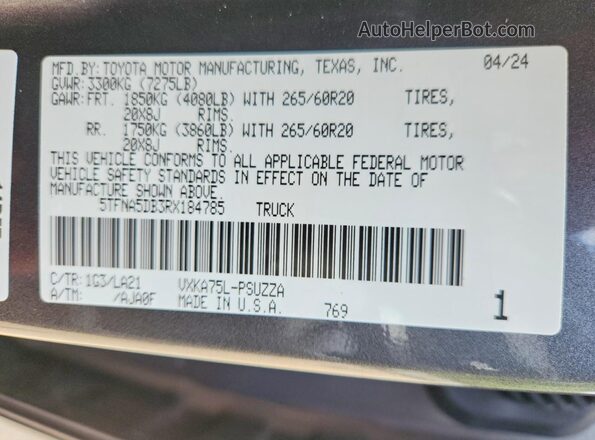 5TFNA5DB3RX184785 2024 TOYOTA TUNDRA Серый Вид наклейки с VIN-кодом