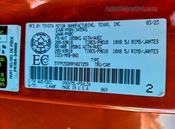 5TFPC5DB9PX027259 2023 TOYOTA TUNDRA Оранжевый Вид наклейки с VIN-кодом
