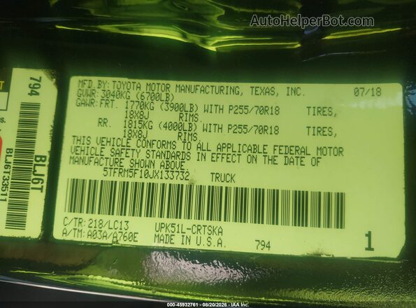 5TFRM5F10JX133732 2018 TOYOTA TUNDRA Black Շարժիչի բաժամունքի տեսք