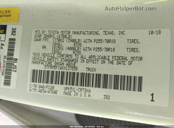 5TFRM5F16KX137558 2019 TOYOTA TUNDRA Белый Вид подкапотного пространства