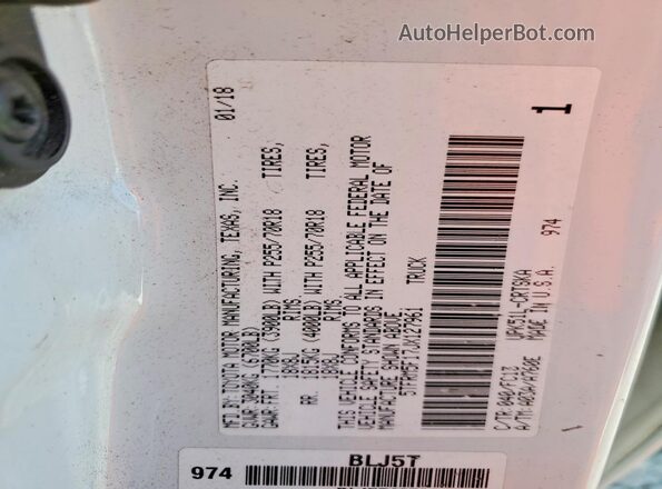5TFRM5F17JX127961 2018 TOYOTA TUNDRA White ძრავის განყოფილების ხედი