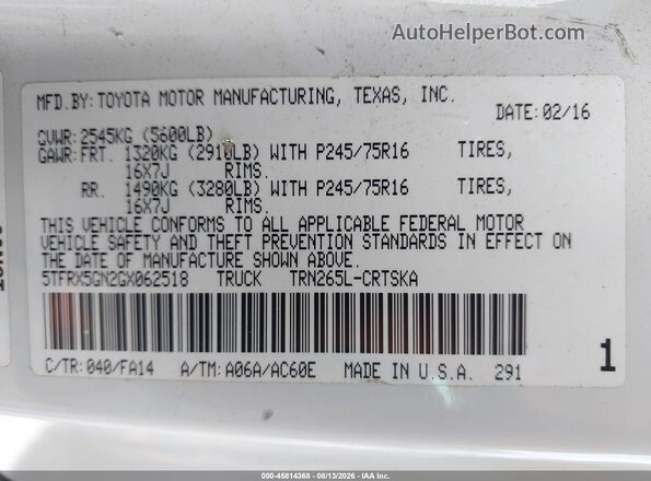 5TFRX5GN2GX062518 2016 TOYOTA TACOMA White ძრავის განყოფილების ხედი