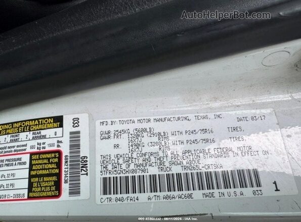 5TFRX5GN3HX087901 2017 TOYOTA TACOMA White ძრავის განყოფილების ხედი