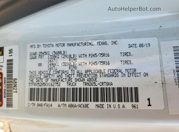 5TFRX5GN5KX162752 2019 TOYOTA TACOMA White Вид наклейки з VIN-кодом