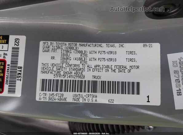 5TFRY5F14MX299020 2021 TOYOTA TUNDRA Серый Вид подкапотного пространства