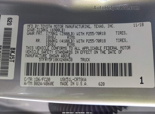 5TFRY5F18KX248438 2019 TOYOTA TUNDRA Серебряный Вид подкапотного пространства