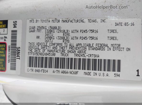 5TFSX5EN8GX045100 2016 TOYOTA TACOMA White Вид підкапотного простору