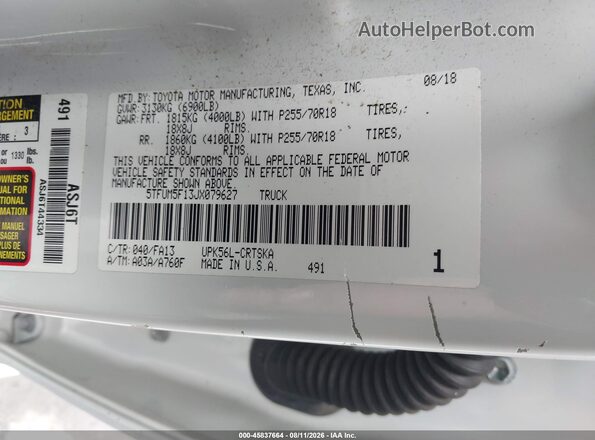 5TFUM5F13JX079627 2018 TOYOTA TUNDRA White Widok komory silnika