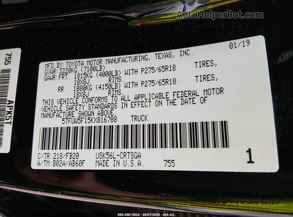 5TFUW5F15KX816788 2019 TOYOTA TUNDRA Black Vista del compartimento del motor
