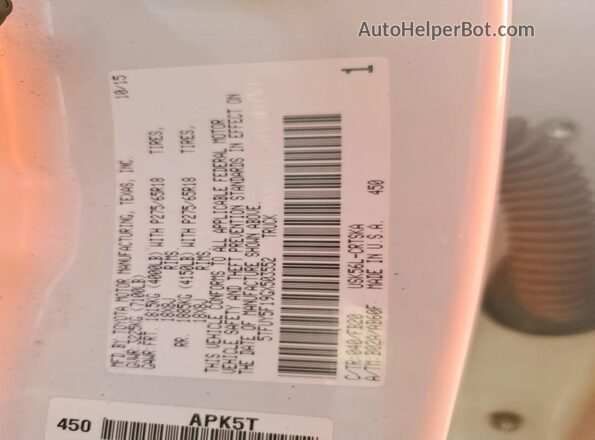 5TFUY5F19GX503552 2016 TOYOTA TUNDRA White VIN sticker view