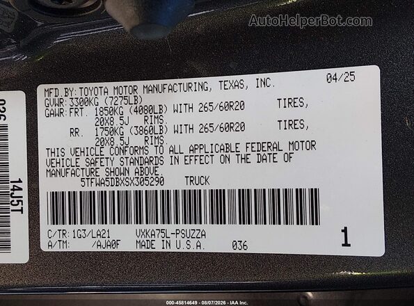 5TFWA5DBXSX305290 2025 TOYOTA TUNDRA Серый Вид подкапотного пространства