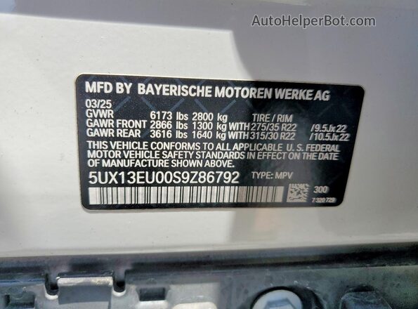 5UX13EU00S9Z86792 2025 BMW X5 Белый Панорамный вид салона 360°