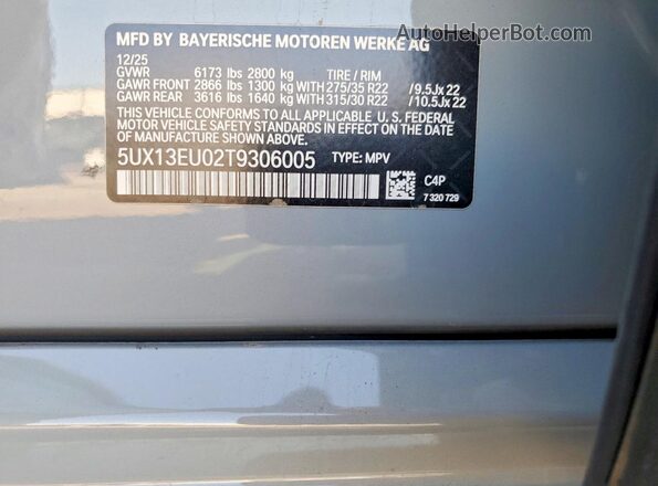 5UX13EU02T9306005 2026 BMW X5 Серый Вид наклейки с VIN-кодом