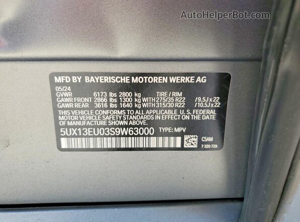 5UX13EU03S9W63000 2025 BMW X5 Серый Вид наклейки с VIN-кодом