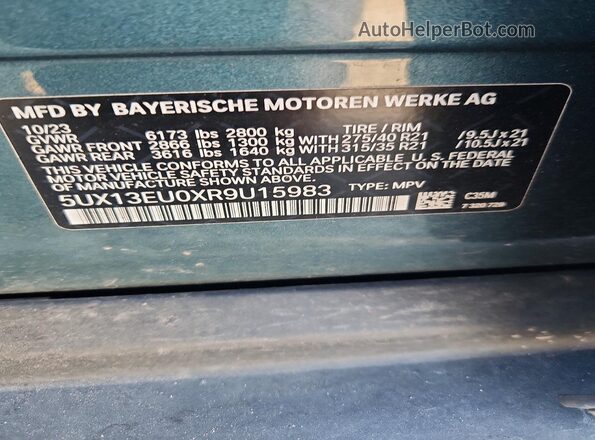 5UX13EU0XR9U15983 2024 BMW X5 Green VIN կոդի պիտակի տեսք
