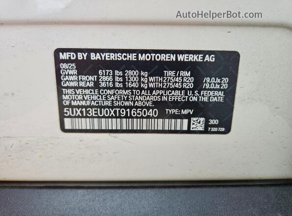 5UX13EU0XT9165040 2026 BMW X5 White Вид наклейки з VIN-кодом