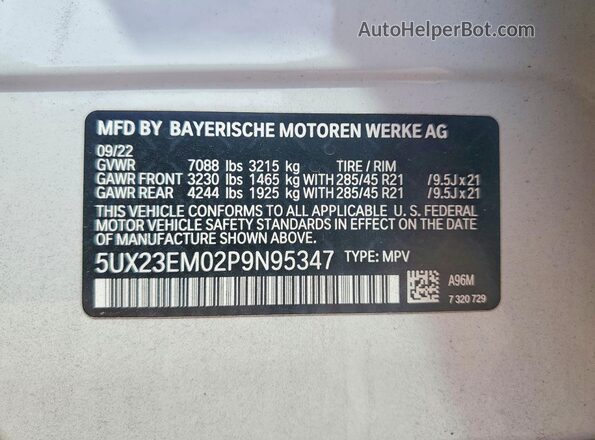 5UX23EM02P9N95347 2023 BMW X7 White Вид наклейки з VIN-кодом