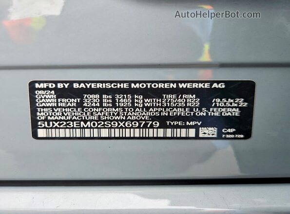 5UX23EM02S9X69779 2025 BMW X7 Silver VIN կոդի պիտակի տեսք