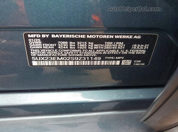 5UX23EM02S9Z31149 2025 BMW X7 Turquoise Вид наклейки з VIN-кодом