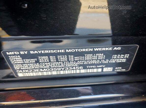 5UX23EM03S9Y33456 2025 BMW X7 Black Widok naklejki z numerem VIN
