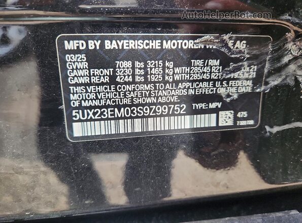 5UX23EM03S9Z99752 2025 BMW X7 Black VIN կոդի պիտակի տեսք