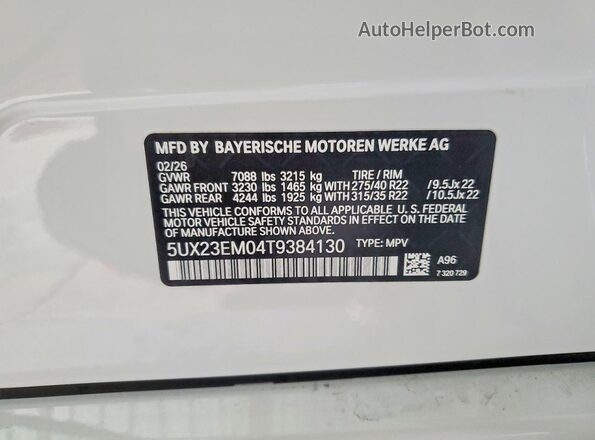 5UX23EM04T9384130 2026 BMW X7 White VIN sticker view
