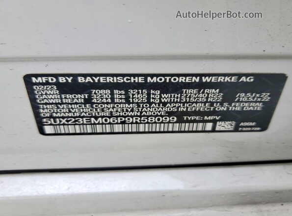 5UX23EM06P9R58099 2023 BMW X7 White VIN sticker view