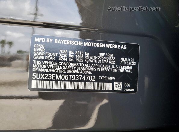 5UX23EM06T9374702 2026 BMW X7 Серый Вид наклейки с VIN-кодом