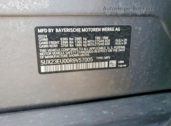 5UX23EU00R9V57005 2024 BMW X5 Gray Vista de la etiqueta del VIN