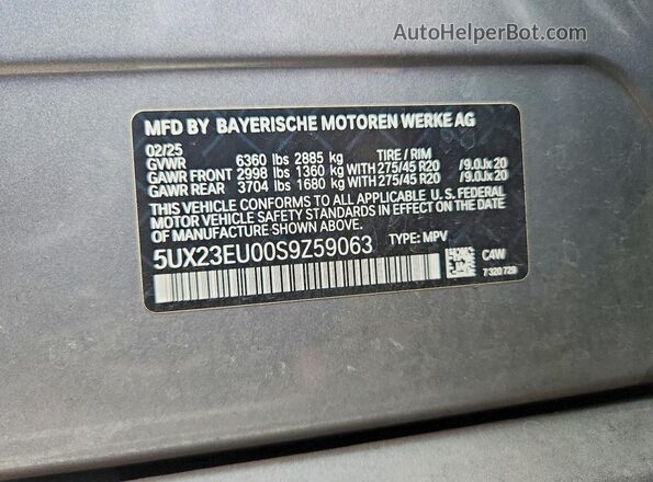 5UX23EU00S9Z59063 2025 BMW X5 Gray Панорамний вид салону 360°