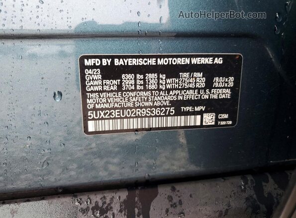5UX23EU02R9S36275 2024 BMW X5 Синий Вид наклейки с VIN-кодом