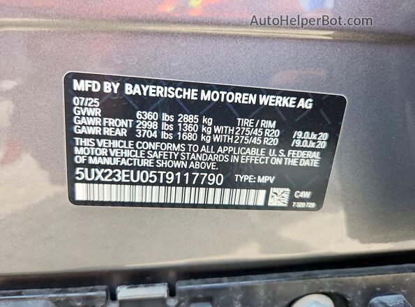 5UX23EU05T9117790 2026 BMW X5 Silver VIN კოდის სტიკერის ხედი