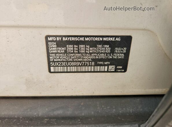 5UX23EU08R9V77518 2024 BMW X5 White Widok wnętrza 360 stopni