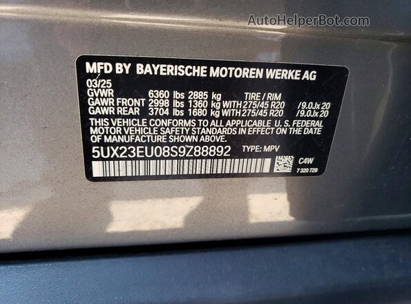 5UX23EU08S9Z88892 2025 BMW X5 Gray Вид наклейки з VIN-кодом