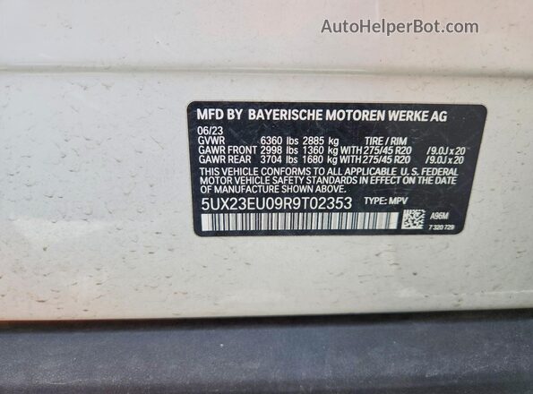 5UX23EU09R9T02353 2024 BMW X5 White VIN կոդի պիտակի տեսք
