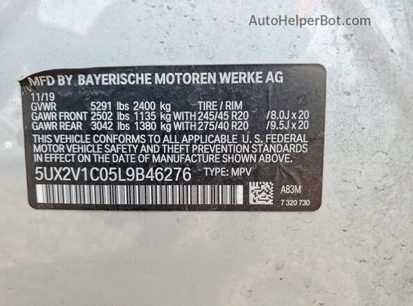 5UX2V1C05L9B46276 2020 BMW X4 Серый Вид наклейки с VIN-кодом