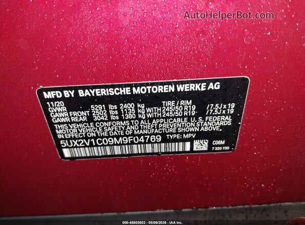 5UX2V1C09M9F04769 2021 BMW X4 Red Вид підкапотного простору