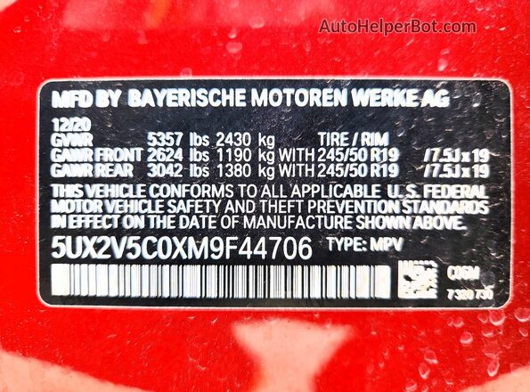 5UX2V5C0XM9F44706 2021 BMW X4 Red 360 interior view