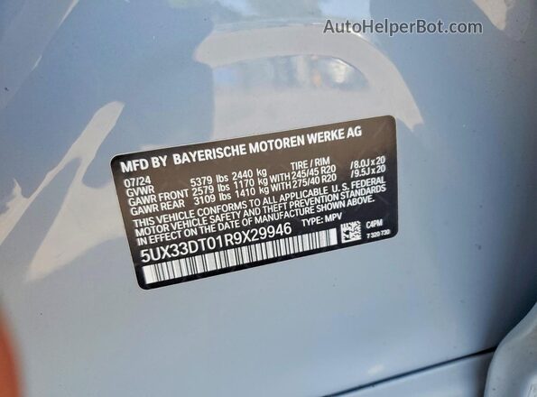 5UX33DT01R9X29946 2024 BMW X4 Gray Вид наклейки з VIN-кодом