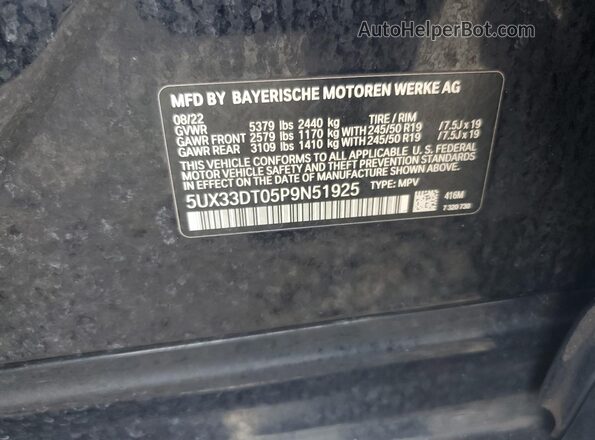 5UX33DT05P9N51925 2023 BMW X4 Black VIN կոդի պիտակի տեսք
