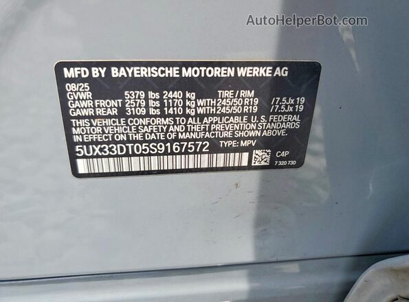 5UX33DT05S9167572 2025 BMW X4 Gray Вид наклейки з VIN-кодом