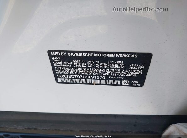 5UX33DT07N9L91270 2022 BMW X4 White Вид підкапотного простору