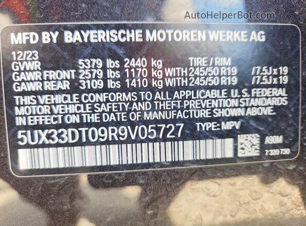 5UX33DT09R9V05727 2024 BMW X4 Black Widok naklejki z numerem VIN