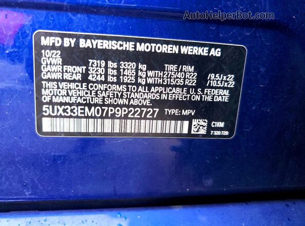 5UX33EM07P9P22727 2023 BMW X7 Синий Вид наклейки с VIN-кодом