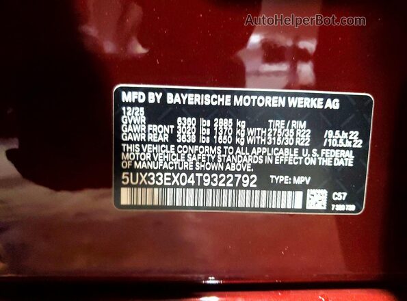 5UX33EX04T9322792 2026 BMW X6 Burgundy Vista interior de 360 grados