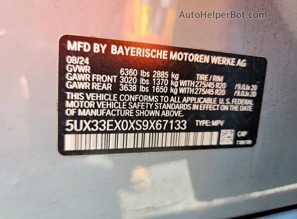 5UX33EX0XS9X67133 2025 BMW X6 Gray Вид наклейки з VIN-кодом