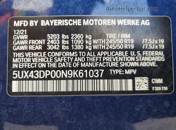 5UX43DP00N9K61037 2022 BMW X3 Blue სალონის 360-გრადუსიანი ხედი