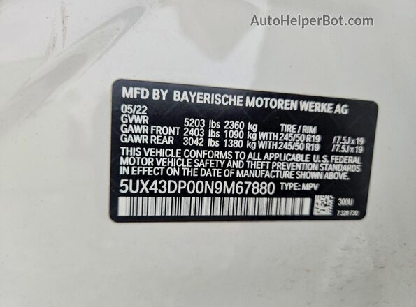 5UX43DP00N9M67880 2022 BMW X3 White Vista de la etiqueta del VIN