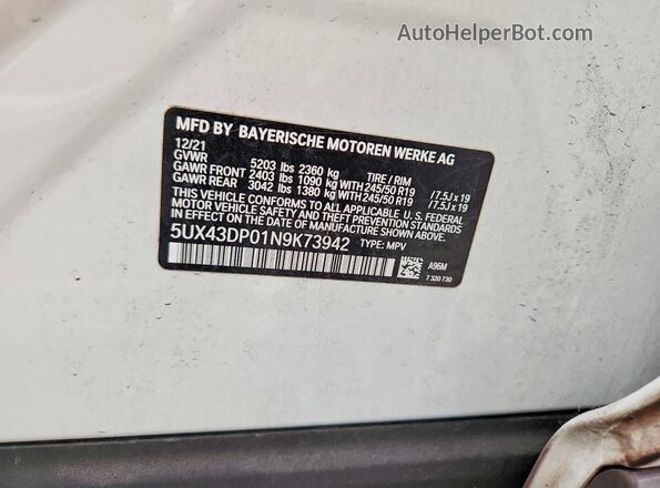 5UX43DP01N9K73942 2022 BMW X3 White VIN კოდის სტიკერის ხედი